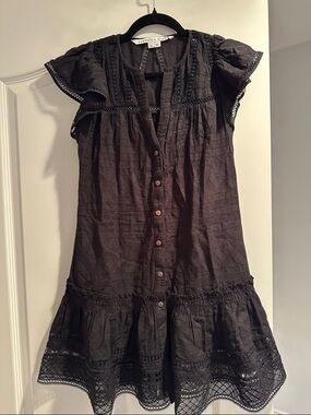Veronica Beard Black Cotton Button-Front Dress with Lace Trim
